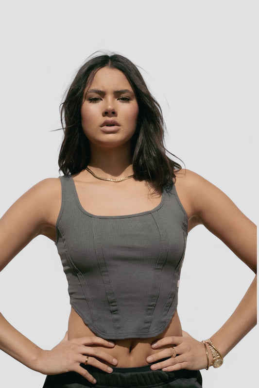 Ribbed Corset Tank Top - Charcoal